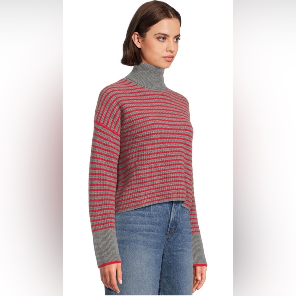 Madewell 100% Merino Wool Waffle Knit Turtleneck Sweater in Red Grey Stripe XL